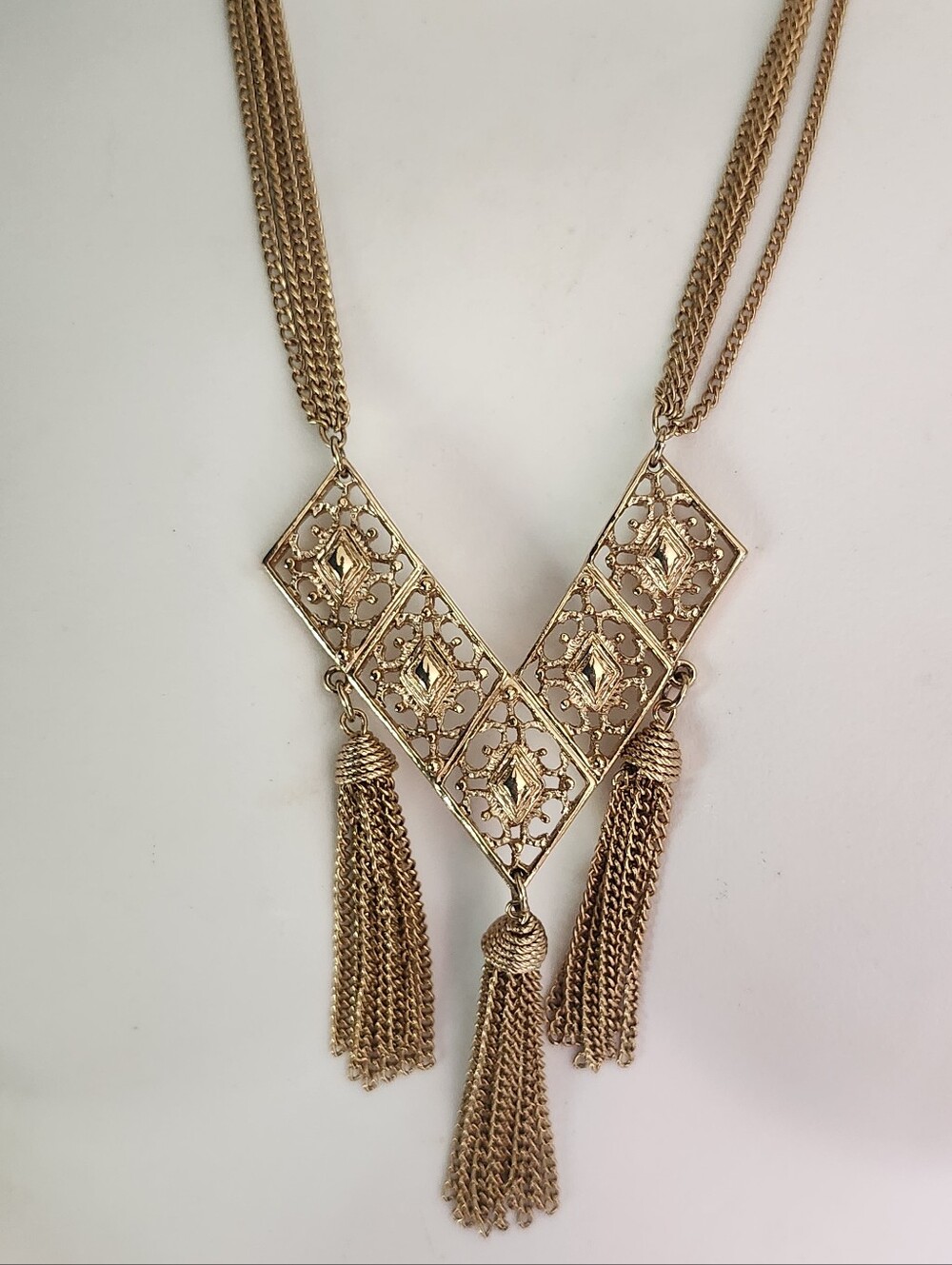 Boho Gold-Tone Filigree Tassel Necklace - Vtg Sarah Coventry